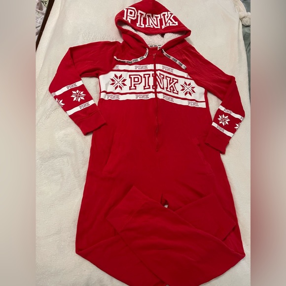 PINK Victoria Secret Christmas Holiday Pajama Zip Up Onesie - Picture 3 of 13